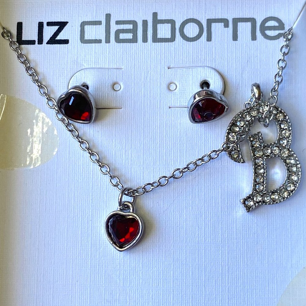 Liz Claiborne Ruby Heart Earrings and Necklace Set